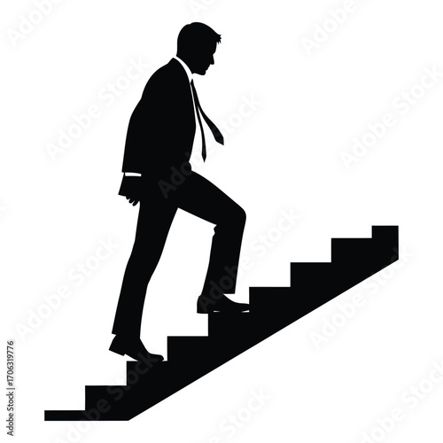 Silhouette of businessman ascending stairs symbolizing career growth success and ambition silhouette