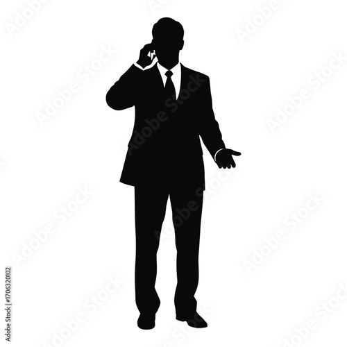 Silhouette of a businessman in a suit talking on a cell phone gesturing professionally silhouette