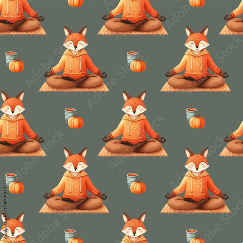 Seamless pattern fox doing sports, sitting in lotus position, autumn, warm drink, pumpkin, yoga, watercolor style, vector, hand drawn.