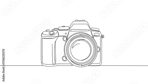 Single line drawing of a camera with lens, minimal abstract line art