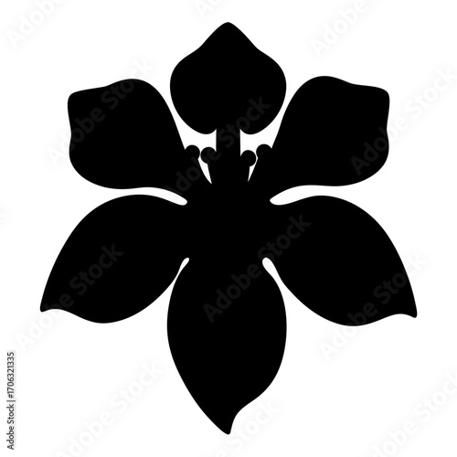 Silhouette of Exotic Orchid Flower-Black silhouette of an orchid flower with wide petals and central bud, isolated on white background, ideal for floral decoration and design.
