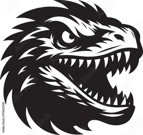 Fierce dinosaur head roaring with sharp teeth and intense eyes in black and white