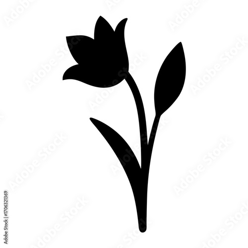Silhouette of Tulip Flower with Leaves-Black silhouette of a tulip flower with long stem and leaves, isolated on white background, ideal for decoration and floral design.