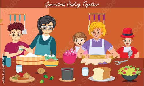 Illustration of a multi-generational family baking together in the kitchen, sharing food, love, and joyful moments.