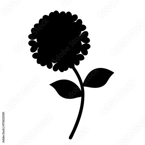 Silhouette of round flower with stem and leaves-Black silhouette illustration of a round flower with detailed petals, stem, and leaves, isolated on white background for decorative or botanical design