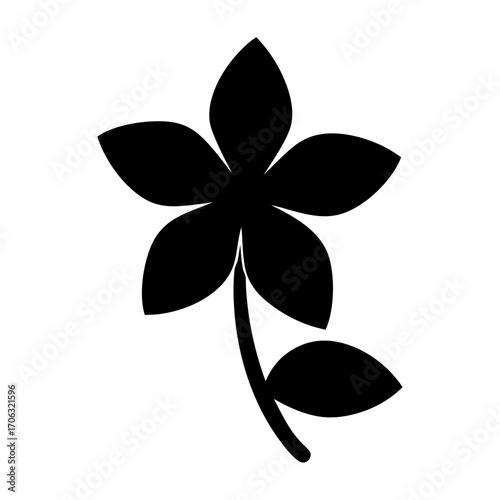 Silhouette of five petal flower with leaf-Black silhouette illustration of a simple five petal flower with stem and leaf, isolated on white background for decorative or design use.