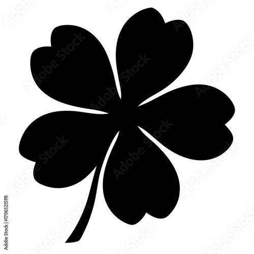 Silhouette of four leaf clover icon-Black silhouette illustration of a four leaf clover with stem, isolated on white background, symbolizing luck, good fortune, and Irish tradition.