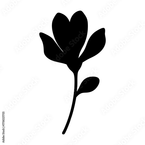 Silhouette of blooming flower with stem and leaf-Black silhouette illustration of a simple blooming flower with petals, stem, and leaf, isolated on white background for decorative or design use.