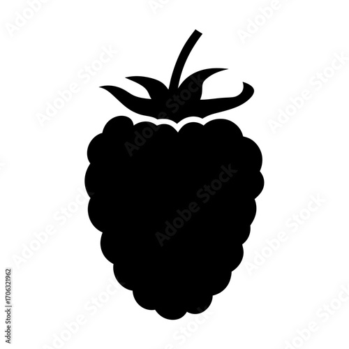 Raspberry fruit silhouette-Black silhouette of a raspberry with textured edges and a small stem on top, isolated on a white background, symbolizing fruit, food, and nature.