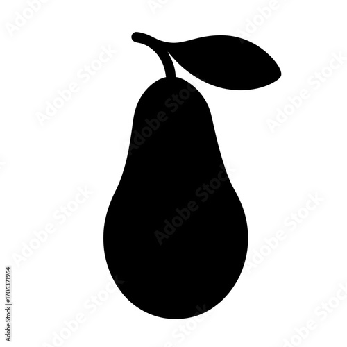Pear fruit silhouette with leaf-Black silhouette of a pear with a single leaf attached to the stem, isolated on a white background, symbolizing fruit, food, and nature.