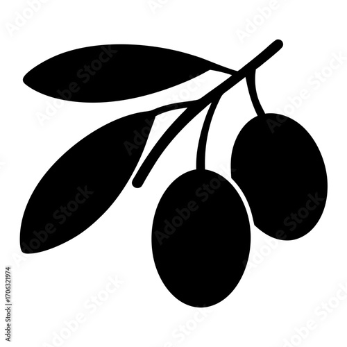 Black olive branch silhouette with leaves-Simple black silhouette of an olive branch with two fruits and leaves, isolated on white background, symbolizing food, nature, and tradition.