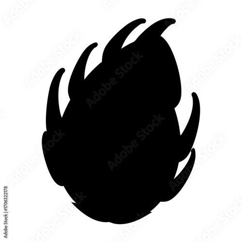 Dragon fruit silhouette icon-Black silhouette illustration of a dragon fruit with its characteristic flame-like outer leaves, vector design representing exotic tropical fruit, ideal for food, botanica
