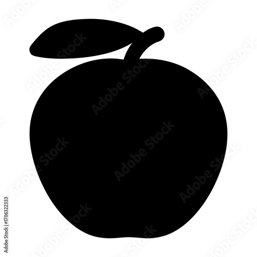 Apple fruit silhouette with leaf icon-Black silhouette illustration of an apple with stem and leaf, simple fruit icon ideal for nutrition, farming, health, or design uses.