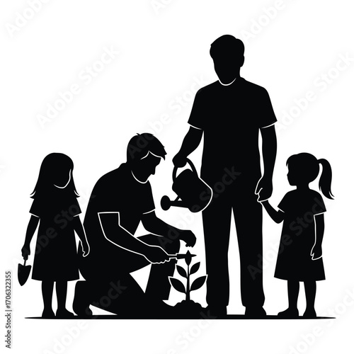 Father and children planting a seedling together in a garden scene family silhouette silhouette