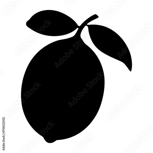 Silhouette of lemon fruit with leaves-Black silhouette of a lemon fruit with two leaves attached to the stem. Simple vector illustration ideal for citrus, food, drinks, farming, gardening, and healthy