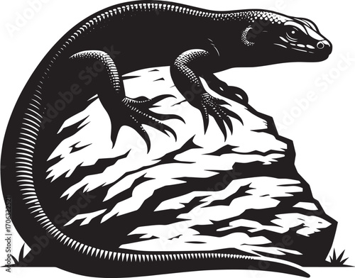 Black silhouette of a lizard perched on a textured rock detailed reptile wildlife graphic