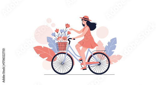 Woman Enjoying Bicycle Ride Amidst Floral Delights, A Joyful Springtime Scene