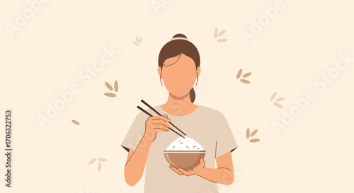 Woman Enjoying Bowl Of Rice: Minimalist Illustration And Asian Cuisine Concept