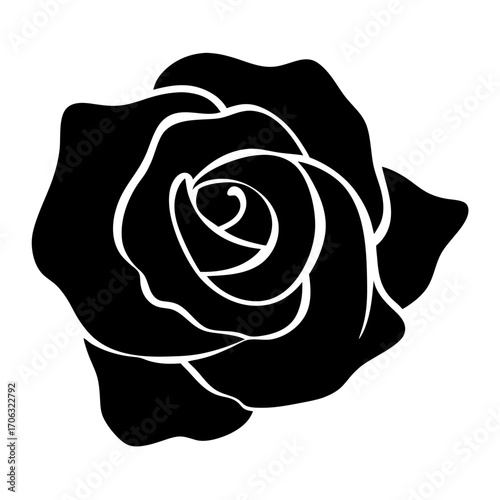 Silhouette of rose flower blossom-Black silhouette of a rose flower in full bloom with layered petals. Elegant floral vector illustration for romantic, decorative, or botanical design projects.
