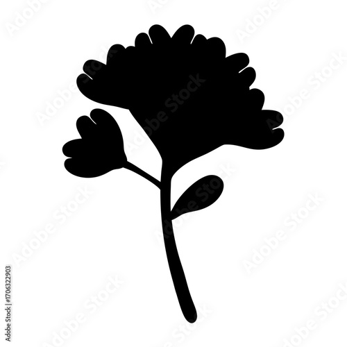 Silhouette of carnation flower with stem and bud-Black silhouette of a carnation flower with detailed petals, a stem, a leaf, and a side bud, ideal for floral, botanical, or decorative vector artwork.