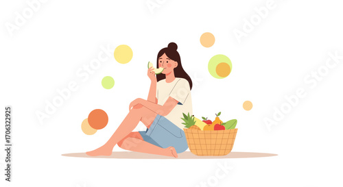 Woman Enjoying Fresh Fruit Near a Basket in a Serene and Summery Atmosphere