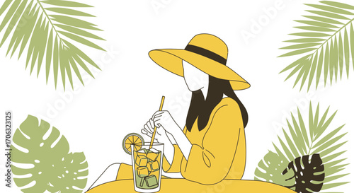 Woman Enjoying Refreshing Summer Beverage Amidst Lush Foliage and Sun Hat