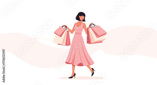 Woman Enjoying Shopping With Elegant Pink Dress And Many Shopping Bags