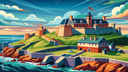 Fortress of Louisbourg, Nova Scotia, Canada, a meticulously reconstructed 18th-century French stronghold, stands against rugged coastal cliffs under sweeping Atlantic skies.