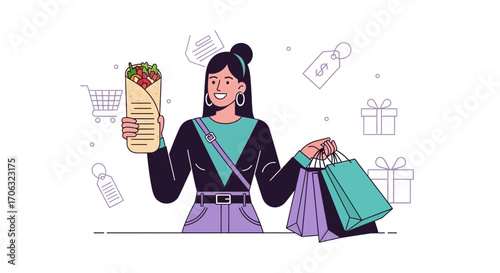 Woman Enjoying Shopping With Takeaway Burrito and Holding Shopping Bags at Hand
