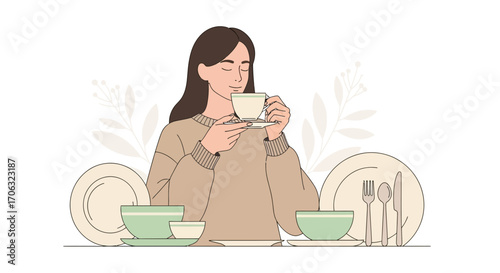 Woman Enjoying Tea Ceremony at Home, surrounded by Tableware, Lifestyle Illustration