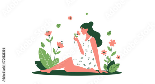 Woman Enjoys Fragrant Flowers Amidst Lush Greenery In A Joyful, Peaceful Scene