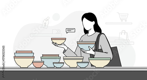 Woman Examining Bowls In A Store, Shopping For Dinnerware, Consumerism And Purchasing
