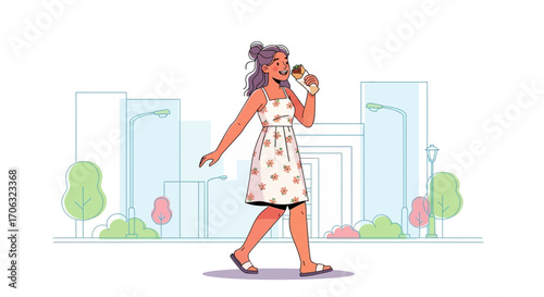 Woman Enjoys Street Food While Walking in Metropolitan Setting During a Sunny Day