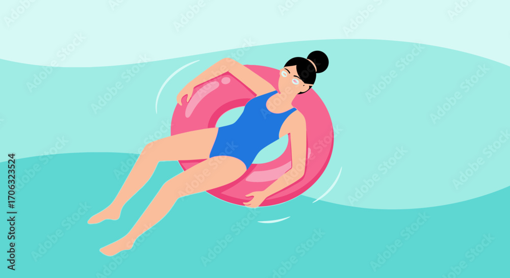 Fototapeta premium Woman Floating on a Pink Inflatable Tube in Water on a Sunny Day