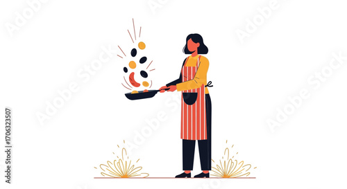 Woman Flipping Food In A Pan Illustration Depicting Cooking and Meal Preparation