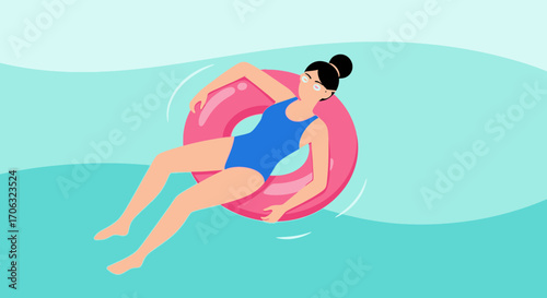 Woman Floating on a Pink Inflatable Tube in Water on a Sunny Day