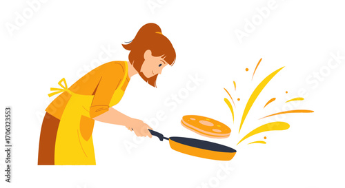 Woman Flipping Pancake In A Pan, A Culinary And Breakfast Meal Illustration