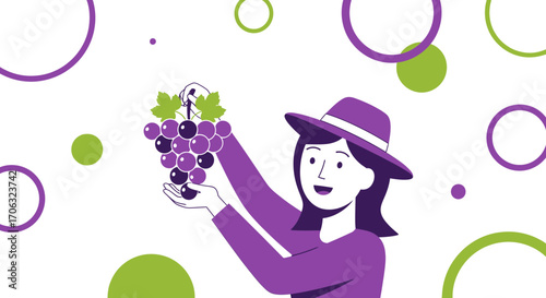 Woman Holding a Bunch of Grapes in a Unique and Artistic Illustration