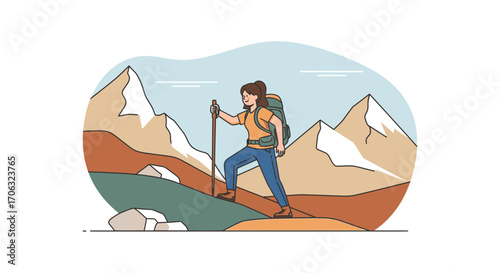 Woman Hiking Mountains, Hiking Tour, Mountain Climbing, Adventure, Travel Illustration