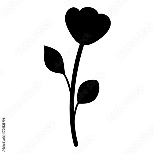 Silhouette of a flower with rounded petals and leaves-A black silhouette illustration of a flower with rounded petals and two leaves on its stem, displayed against a white background. The design is si