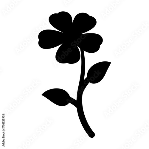 Silhouette of a simple flower with leaves-A black silhouette illustration of a flower with five petals and three leaves on its stem, set against a white background. The design is clean, minimalistic, 