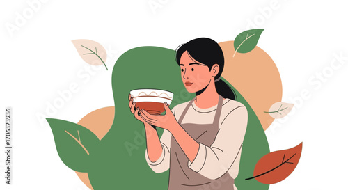 Woman Holding Bowl Of Tea With Artistic Leaves And Abstract Elements Illustration