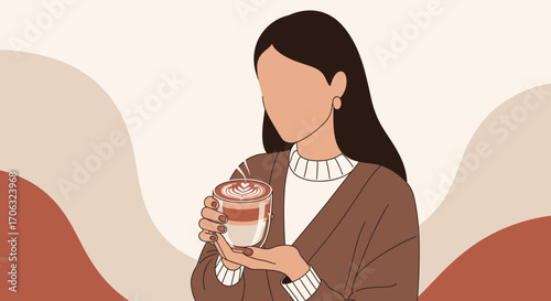 Woman Holding Coffee Cup Elegant Illustration in Earth Tones with Latte Art