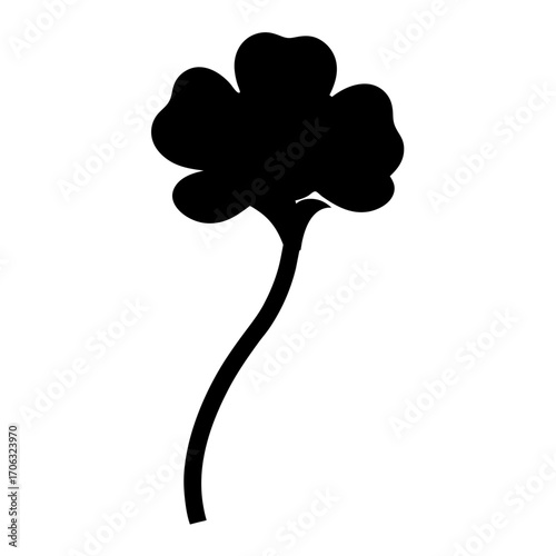 Silhouette of three-leaf clover-Black silhouette of a three-leaf clover with a curved stem, isolated on a white background. Simple botanical symbol often associated with luck and nature.