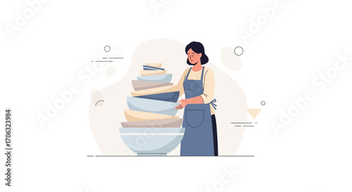 Woman Holding Dishes, Kitchen Chore, Household Duties, Clean Home, Daily Task, Simple Vector