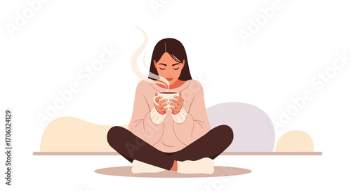 Woman Holding Warm Beverage, Evoking Serene Moments, Enjoying Cozy Comfort Indoors