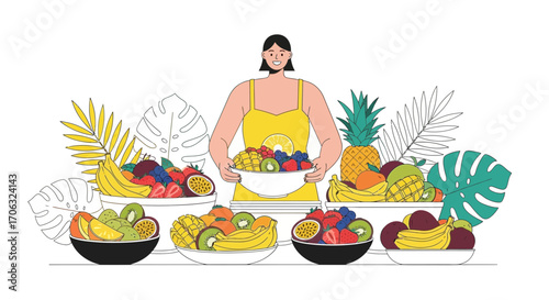 Woman Holding Tropical Fruit Bowls Illustration for Healthy Eating And Lifestyle