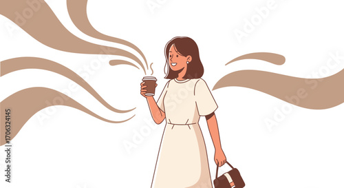 Woman Holding Warm Coffee Cup, Smiling, Enjoying Afternoon With Her Drink in Hand
