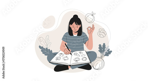 Woman Illustrated Sketching Vegetables in Notebook, Healthy Food Concepts, Dietary Planning