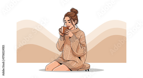 Woman In a Cozy Outfit Enjoys a Warm Drink in Minimalist Illustrative Study